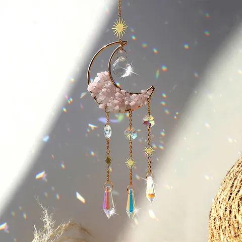 Naturstein-Chips Mond Sonnenfänger Zinklegierung Himmlische Hängende Deko Prisma Regenbogenmacher Kristall Fenster Ornament Geschenk