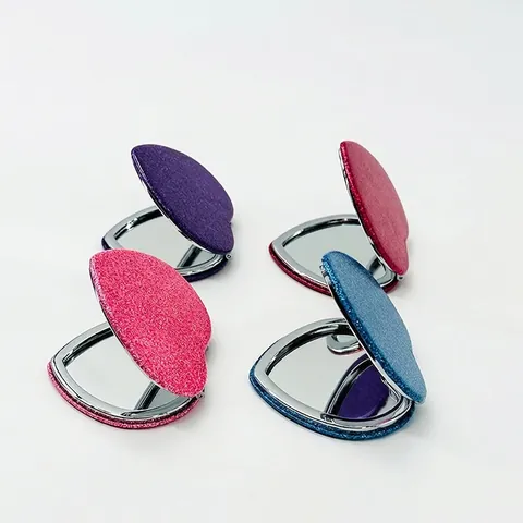 Heart-Shaped Glitter PU Leather Folding Makeup Mirror Portable Double Sided Compact Pocket Mirror For Women Travel Beauty Tool