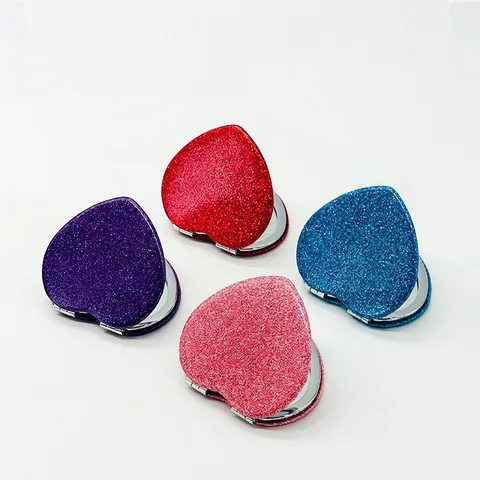 Heart-Shaped Glitter PU Leather Folding Makeup Mirror Portable Double Sided Compact Pocket Mirror For Women Travel Beauty Tool