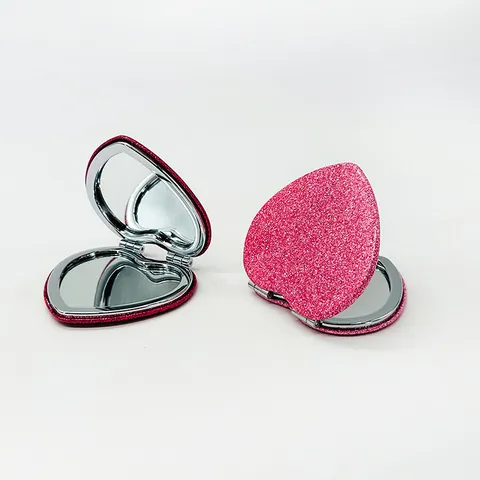 Espejo de Maquillaje Plegable de Cuero PU con Purpurina en Forma de Corazón Espejo de Bolsillo Compacto Doble Cara para Mujer Viaje