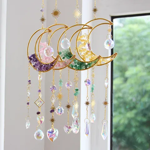 Atrapasol de Cristal de Luna de Piedra Triturada Natural Hecho a Mano Alambre de Metal Dorado Envuelto Prisma Colgante Decoración Hogar Jardín