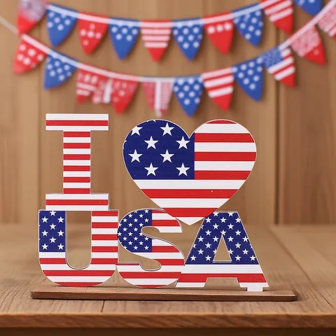 American Independence Day Wooden Desktop Ornament US Flag Stars Stripes Printed Letter Decoration DIY Wood Patriotic Craft For Home Party