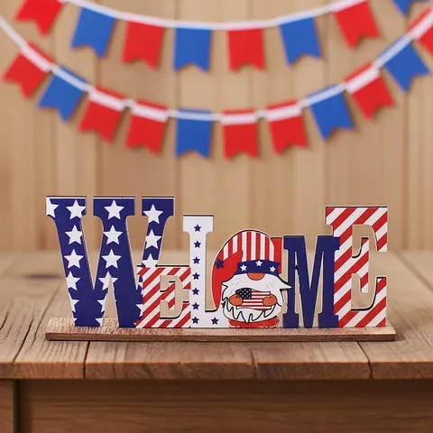 American Independence Day Wooden Desktop Ornament US Flag Stars Stripes Printed Letter Decoration DIY Wood Patriotic Craft For Home Party