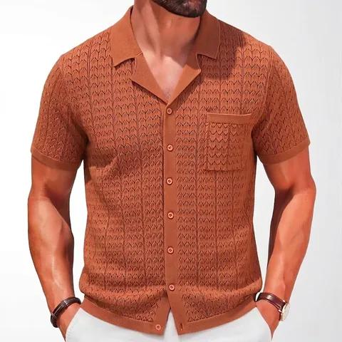 Men Summer Cuban Collar Jacquard Knitted Polo Shirt Short Sleeve Button Down Cardigan With Patch Pocket Casual Viscose Knit Top