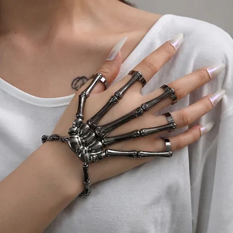 Skeleton Hand Bone Bracelet With Rings Alloy Gothic Punk Halloween Novelty Jewelry For Unisex Men Women