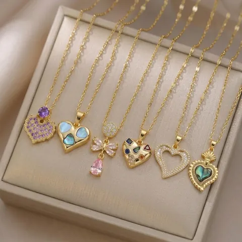 Stainless Steel Heart Butterfly Bow Pendant Necklace Pink Zirconia Waterdrop Clavicle Chain For Women Jewelry Gift