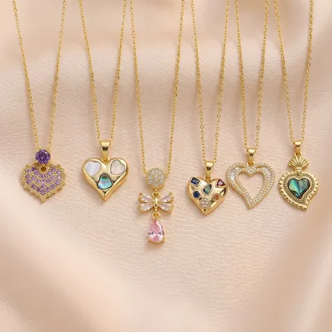 Stainless Steel Heart Butterfly Bow Pendant Necklace Pink Zirconia Waterdrop Clavicle Chain For Women Jewelry Gift
