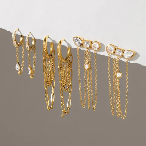 Luxury Gold Plated Stainless Steel Zirconia Tassel Hoop Earrings For Women Western Style Fashion Dangle Earrings Jewelry