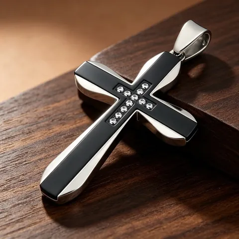 Men's Stainless Steel Hip Hop Rock Cross Pendant Rhinestone Inlaid Double Layer Color Contrast Engravable Religious Jewelry Pendant Only