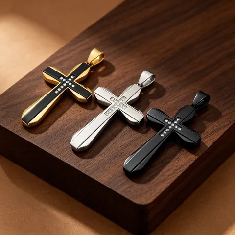 Men's Stainless Steel Hip Hop Rock Cross Pendant Rhinestone Inlaid Double Layer Color Contrast Engravable Religious Jewelry Pendant Only