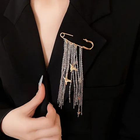 Fashion Alloy Tassel Chain Brooch For Women Gold Silver Star Peace Dove Pendant Safety Pin Clothing Accessories Jewelry Gift