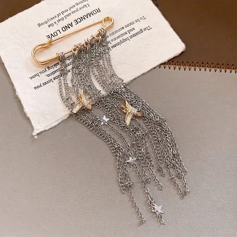 Fashion Alloy Tassel Chain Brooch For Women Gold Silver Star Peace Dove Pendant Safety Pin Clothing Accessories Jewelry Gift