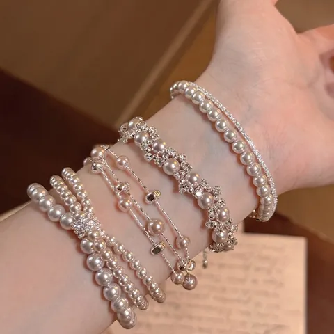 French Vintage Artificial Pearl Rhinestone Bracelet Set For Women Elegant Layered Hand Jewelry Gift Gold Silver Sophisticated Beaded Bracelet