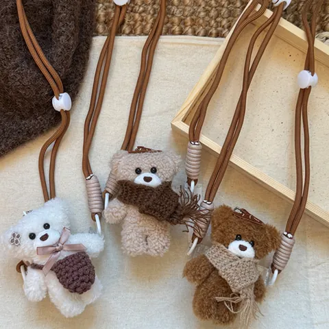 Exquisite Double Nylon Rope Plush Bear Pendant Crossbody Phone Lanyard Design Small Niche Personality Versatile Accessory Bag Charm For Women
