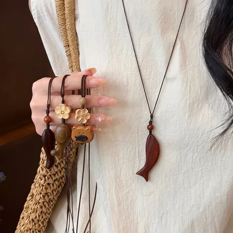 Ethno-Stil Holz Kleiner Fisch Anhänger Halskette Für Damen Retro Neuer Chinesischer Handgefertigter Holz Pullover Kette Zirkonia Schmuck Geschenk