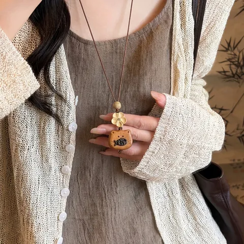 Ethno-Stil Holz Kleiner Fisch Anhänger Halskette Für Damen Retro Neuer Chinesischer Handgefertigter Holz Pullover Kette Zirkonia Schmuck Geschenk