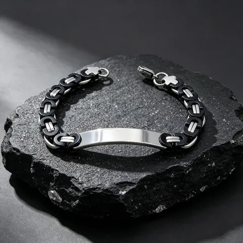 Hip Hop Byzantine Chain Bracelet For Men Titanium Steel Polished Curved ID Bar Plate Emperor Link Chain Jewelry Biker Wristband