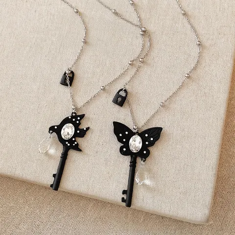 Cool Alloy Black Butterfly Swallow Key Pendant Necklace Vintage Rhinestone Glass Water Drop Sweater Chain Jewelry For Women