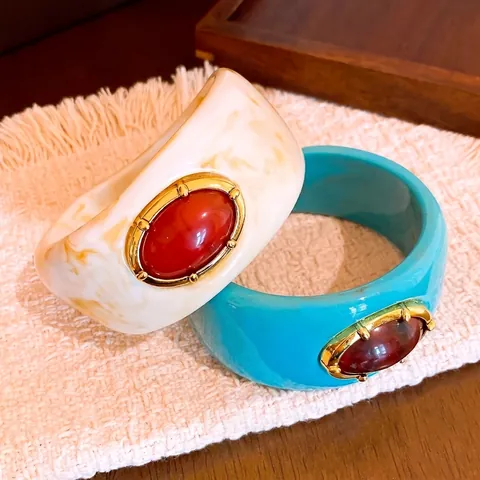Brazalete Ancho de Resina Vintage para Mujer Lujo Mármol Difuminado Ovalado Strass Incrustado Brazalete de Moda Joyería de Mano de Nicho