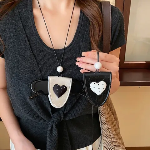 Damen Vintage Polka Dot Herz Leder Sonnenbrillenhalter Halskette Resort Stil Kunstleder Brillenclip Funktionale Pullover Kette Schmuck