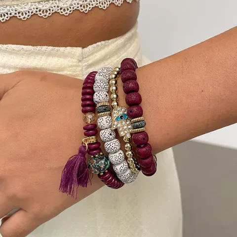 Bohemian Hamsa Hand Evil Eye Rhinestone Alloy Acrylic Tassel Beaded Bracelet Collection Vintage Ethnic Style Jewelry For Women