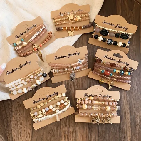 Bohemian Stackable Beaded Bracelet Set For Women Acrylic Alloy Rhinestone Butterfly Hamsa Hand Heart Layered Charm Bracelets
