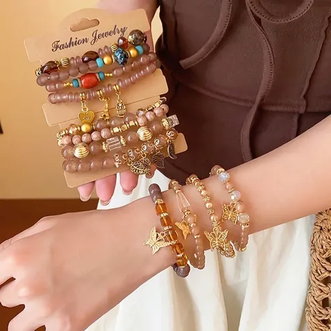 Bohemian Stackable Beaded Bracelet Set For Women Acrylic Alloy Rhinestone Butterfly Hamsa Hand Heart Layered Charm Bracelets
