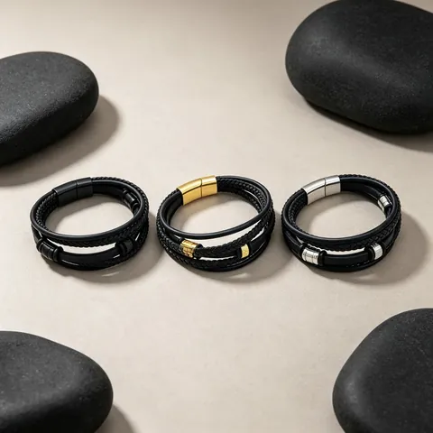 Herren Dreischichtiges Geflochtenes Lederseil Armband Mit Titanstahl Magnetverschluss Hip Hop Punk Schmuck Für Jungen