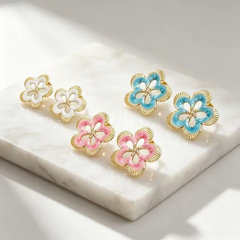 Pendientes de Botón Vintage de Acero Inoxidable Esmaltados con Forma de Flor Hueca Joyas Florales Chapadas en Oro con Strass