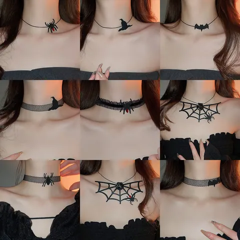 Gothic Halloween Spider Bat Witch Hat Choker Necklace And Spider Web Headband Accessory For Women Gothic Party Jewelry
