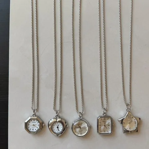 Vintage Silver Geometric Pocket Watch Necklace For Women Fashion Heart Star Round Square Pendant Quartz Long Chain Jewelry