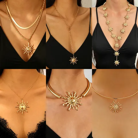Vintage Legierung Sonne Anhänger Halskette Gold Silber Strass Lagige Halskette Für Damen Böhmische Mond Stern Schmuck Ketten