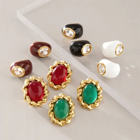Vintage Stainless Steel Enamel Rhinestone Stud Earrings For Women Retro Geometric C-Shaped Oval Gold Plated Earrings Jewelry Gift