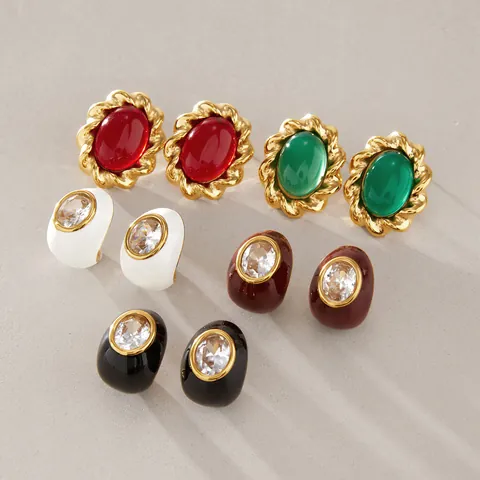 Vintage Stainless Steel Enamel Rhinestone Stud Earrings For Women Retro Geometric C-Shaped Oval Gold Plated Earrings Jewelry Gift