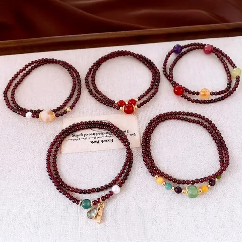 Vintage Garnet Freshwater Pearl Beaded Bracelet For Women Double Layer Wrap Geometric Handmade Fashion Jewelry Gift