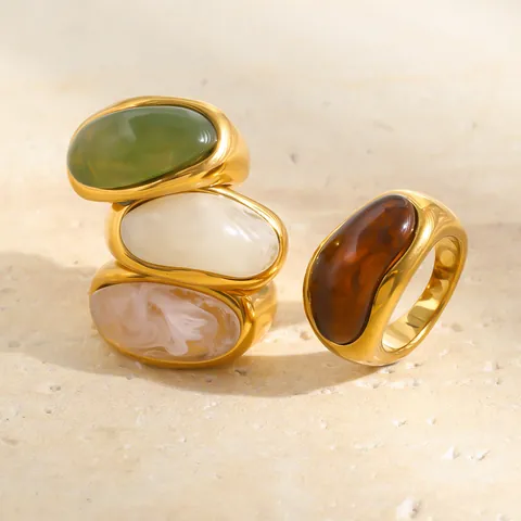 Anillo Grueso de Acero Inoxidable Chapado en Oro de 18K Vintage para Mujer Joyería de Anillo de Dedo Ancho Geométrico de Acrílico Retro