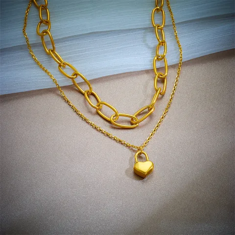 Double Layer 304 Stainless Steel Gold Plated Heart Lock Pendant Necklace For Women Fashion Paperclip Chain Layered Jewelry
