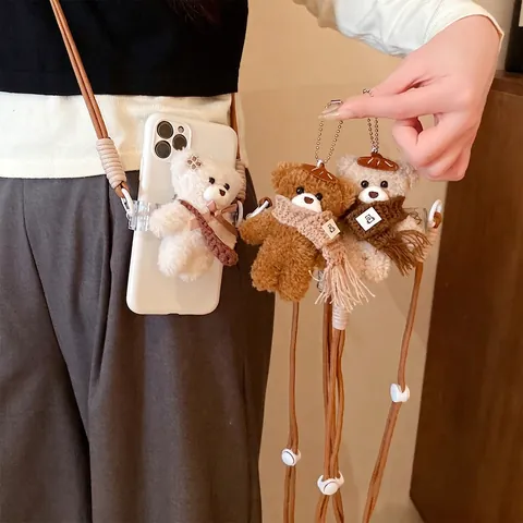 Plush Bear Phone Lanyard Braided Rope Autumn Winter Cute Teddy Bear Mobile Strap Crossbody Phone Chain For Women Students