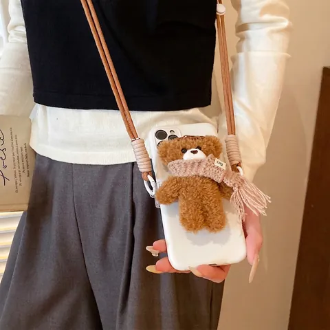 Plush Bear Phone Lanyard Braided Rope Autumn Winter Cute Teddy Bear Mobile Strap Crossbody Phone Chain For Women Students