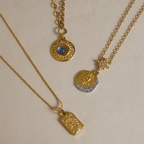 Stainless Steel Sun Moon Star Pendant Necklace For Women Light Luxury Gold Plated Resin Rhinestone Celestial Jewelry Neck Chain