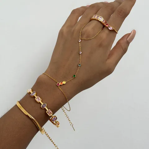 Juego de Joyas de Acero Inoxidable Chapado en Oro de 18K con Circonia para Mujer Varios Estilos Pulsera con Anillo Pulsera Tennis Cadena de Serpiente Anillo de Eternidad con Piedra Rosa Accesorios de Moda Fiesta