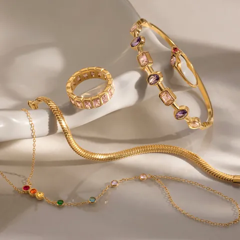 Juego de Joyas de Acero Inoxidable Chapado en Oro de 18K con Circonia para Mujer Varios Estilos Pulsera con Anillo Pulsera Tennis Cadena de Serpiente Anillo de Eternidad con Piedra Rosa Accesorios de Moda Fiesta