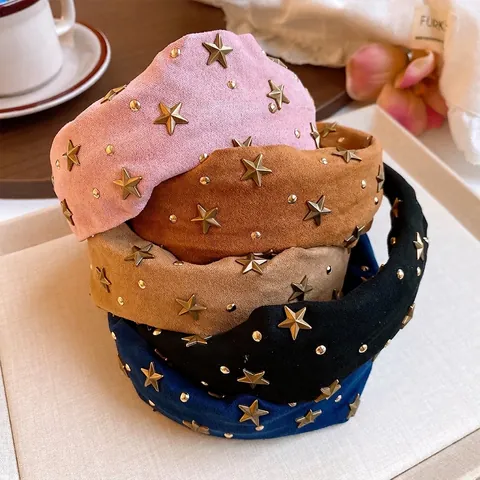 Fabric Star Headband For Women Padded Cloud Hairband With Metal Star Rivets Rhinestone Elegant Hair Accessories For Daily Party