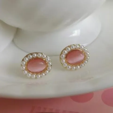 Vintage Hepburn Style Oval Pink Blue Cat's Eye Stone Artificial Pearl Stud Earrings With Silver Earring Post Gold Plated Alloy Jewelry For Women