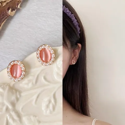 Vintage Hepburn Style Oval Pink Blue Cat's Eye Stone Artificial Pearl Stud Earrings With Silver Earring Post Gold Plated Alloy Jewelry For Women
