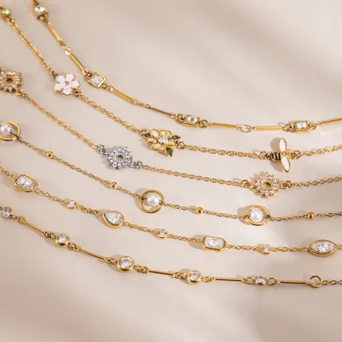 Stainless Steel 18K Gold Plated Zirconia Necklace For Women Artificial Pearl Pendant Necklace Floral Bee Sun Design