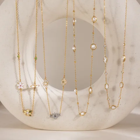 Stainless Steel 18K Gold Plated Zirconia Necklace For Women Artificial Pearl Pendant Necklace Floral Bee Sun Design