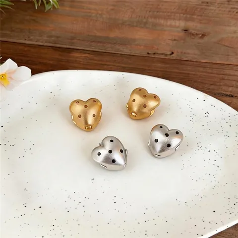 Orecchini a Cerchio a Cuore Coreani da Donna Oro Opaco Argento Goccia d'Olio Pois Rame Spazzolato Orecchini a Cuore Gioielli