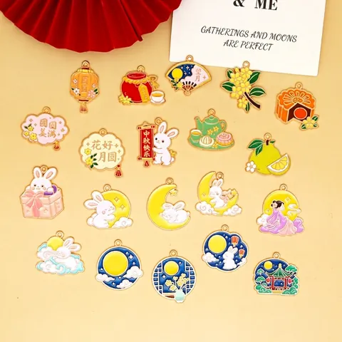 Mid-Autumn Festival Zinc Alloy Enamel Charms For Jewelry Making Rabbit Moon Goddess Osmanthus Pendants DIY Accessories For Women