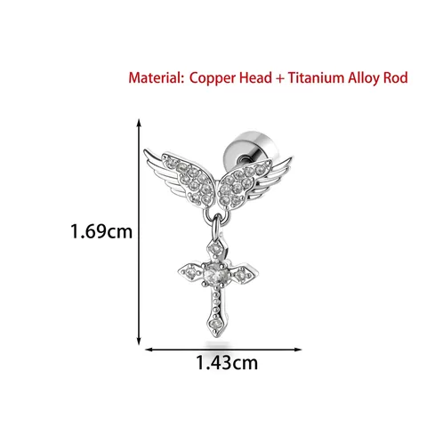 Sweet Cool Angel Wings Cross Pendant Stud Earrings For Women Titanium Post Zirconia Inlaid Punk Body Piercing Jewelry Gift